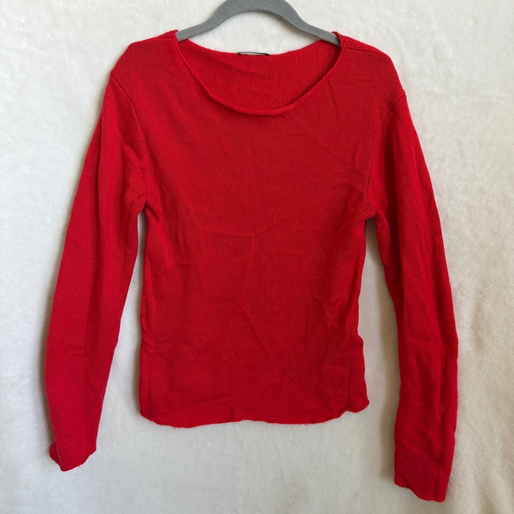 Massimo Dutti Red Crew Neck Sweater Size S Wool Cashmere Blend Raw Edge Knit